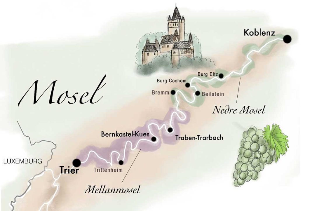 Karta över Moseldalen från Trier till Koblenz