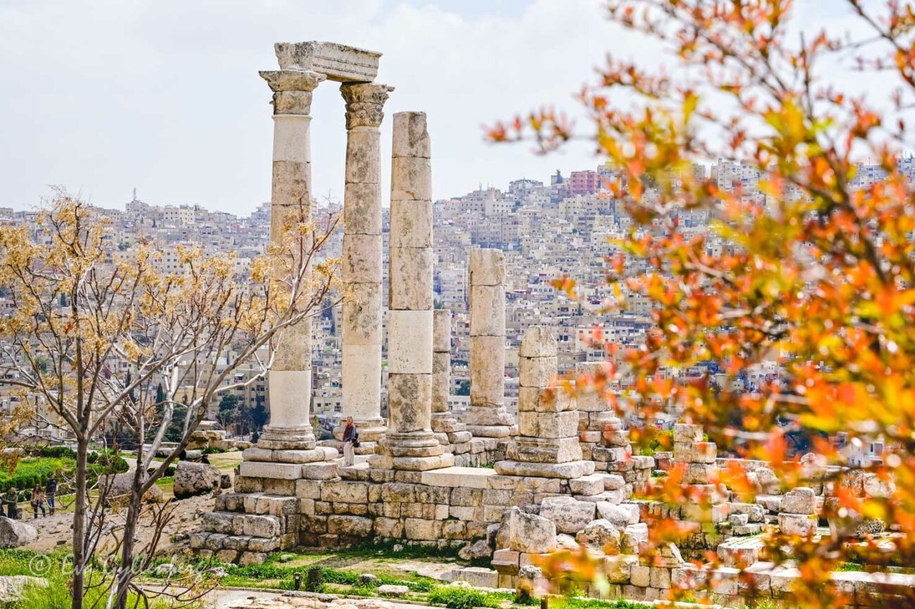 Tempelruinen med sina pelare i Citadellet i Amman