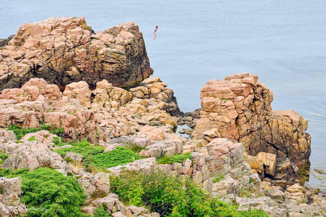 Flicka hoppar i havet vid en brant klippa vid Hovs hallar vid Bjärekusten