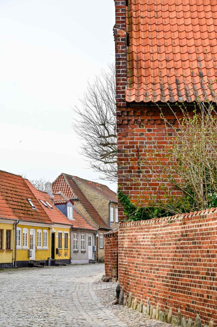 Medeltida gata med färgglada hus i Kalundborg