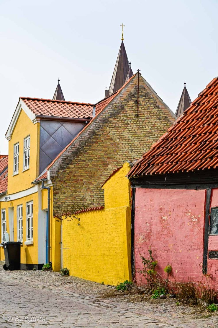 Medeltida gata med färgglada hus i Kalundborg