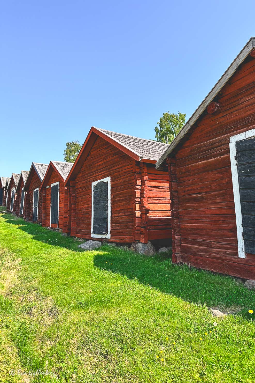 röda kyrkstallar på rad vid höga kusten