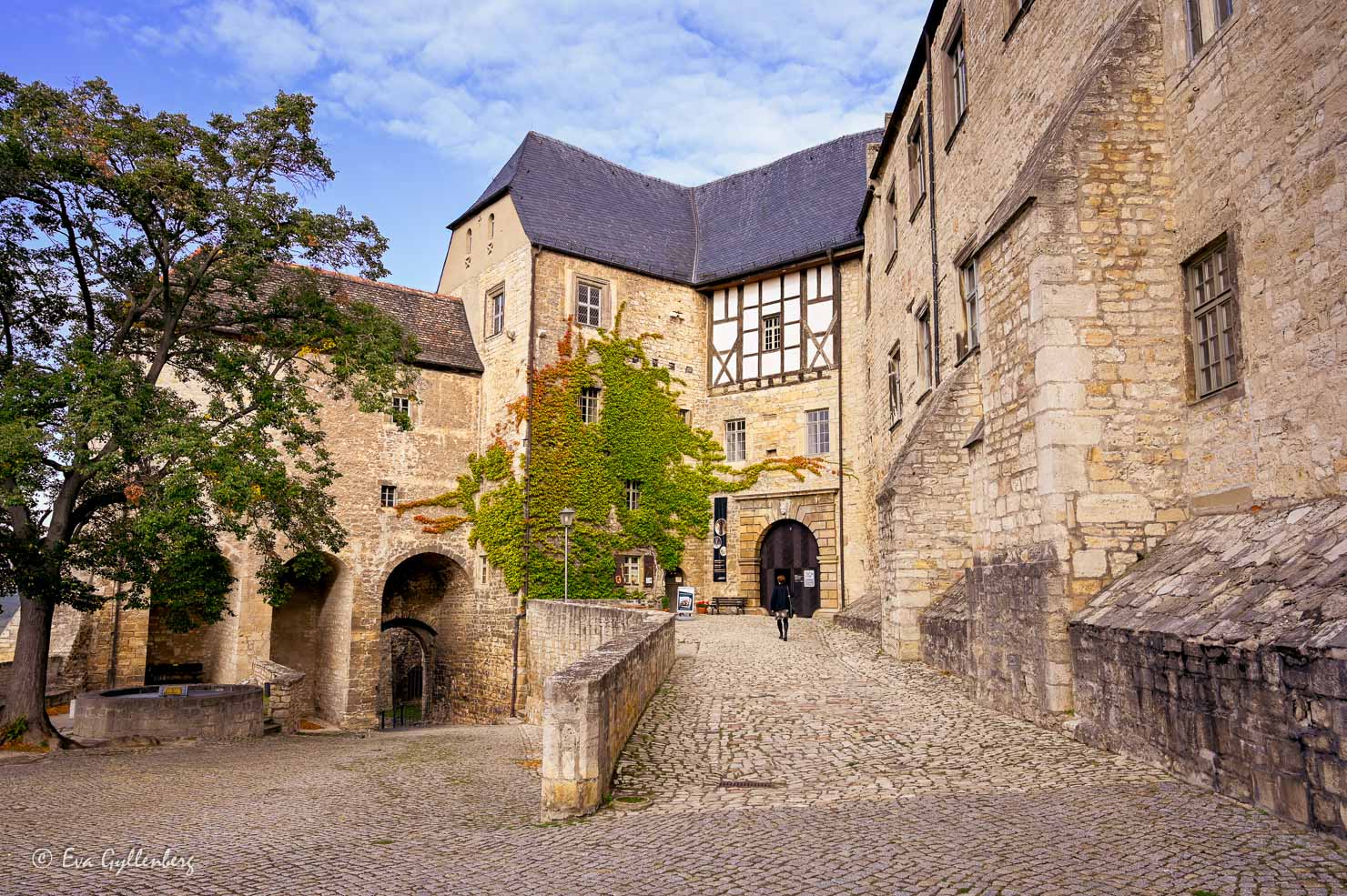 slottsgård med gammalt slott utefter strasse der romanik