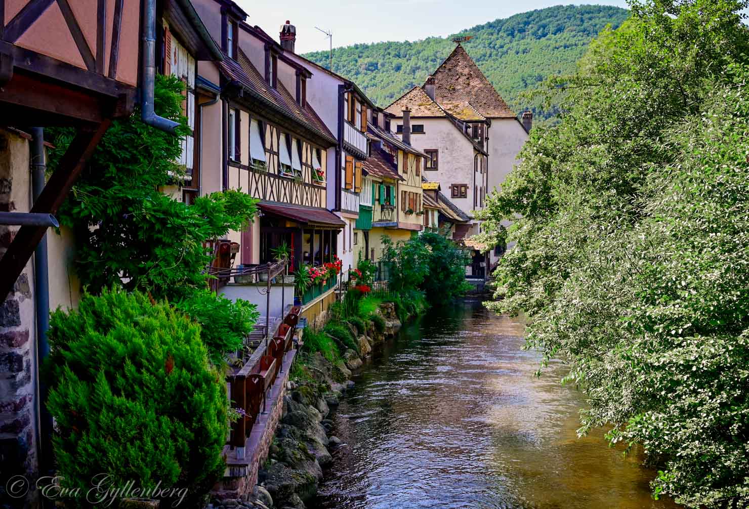 Korsvirkeshus vid en liten flod i Kaysersberg