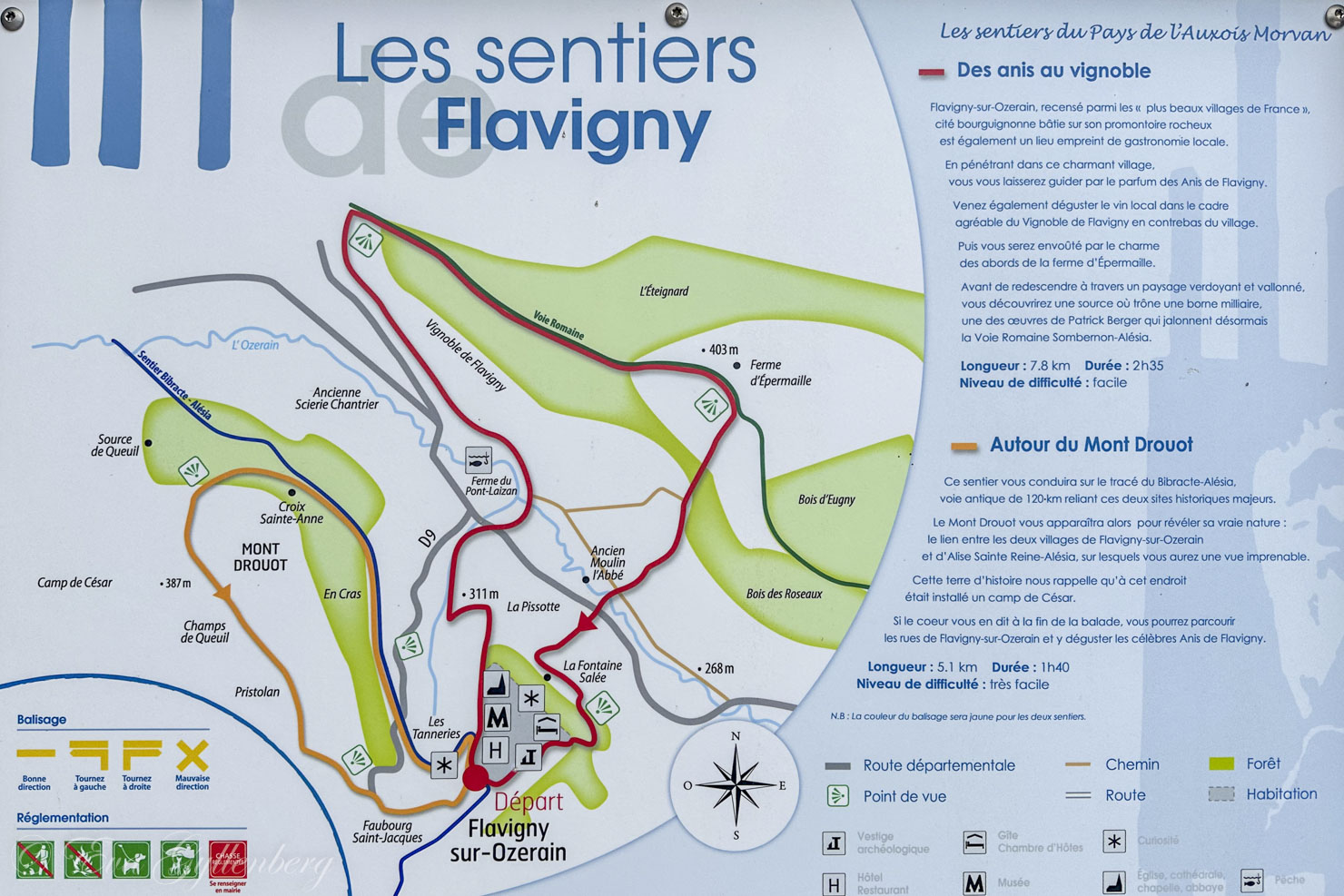 karta över vandringsleder kring flavigny-sur-ozeron