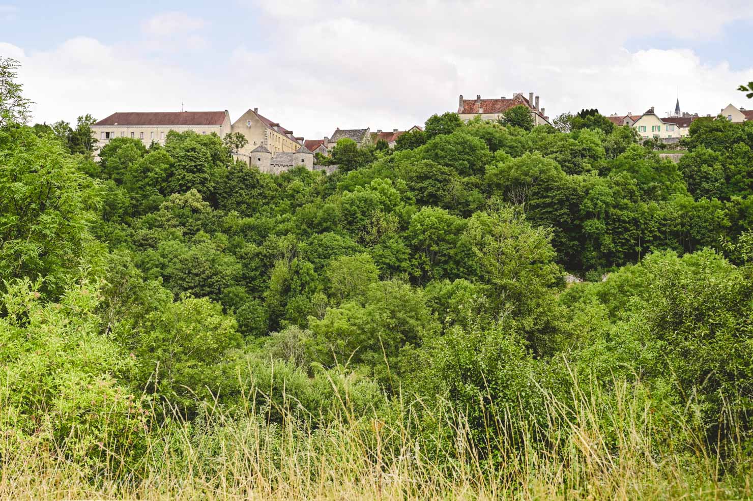 Staden Flavigny på en grönskande kulle